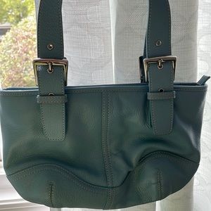 Blue embossed satchel leather bag. 12 inches across the bag